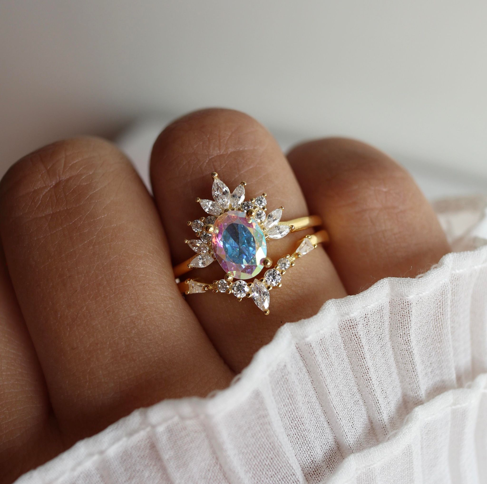 Oval Cut Moonstone Ring Marquise Band Ring Set - Siren Ring